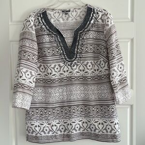 JM Collection 100% Linen Greige White Print Tunic Top Womens M Coastal Grandma